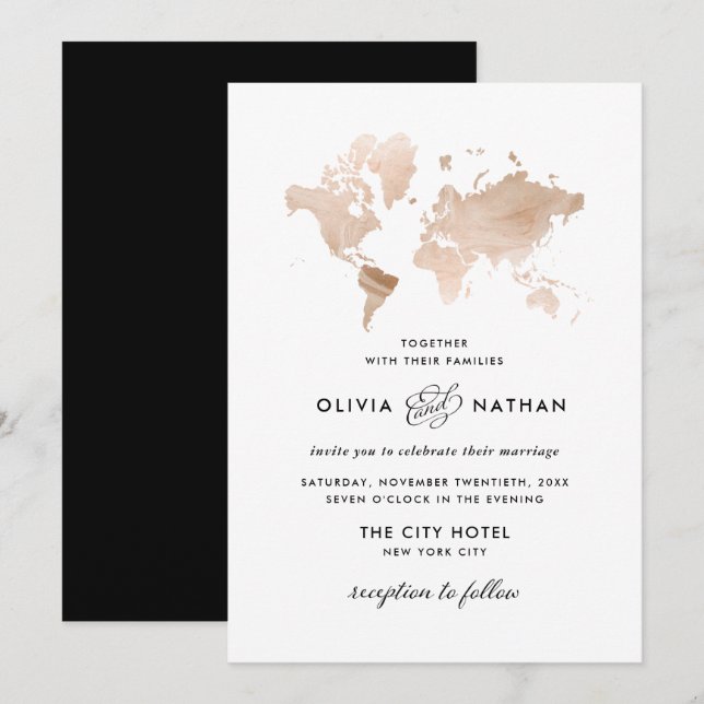 Glamourous World Map | Elegant Travel Theme Weddin Invitation (Front/Back)