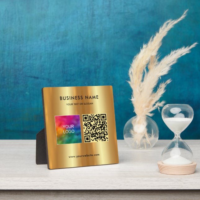 Glamourous Your Custom Text Logo QR Code Faux Gold Plaque (Insitu)