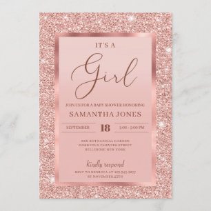 Glamout rose gold flitter it's a girl baby shower invitation