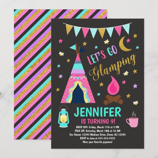 Glamping Birthday Party Invitation / Girls Camping (Front/Back)