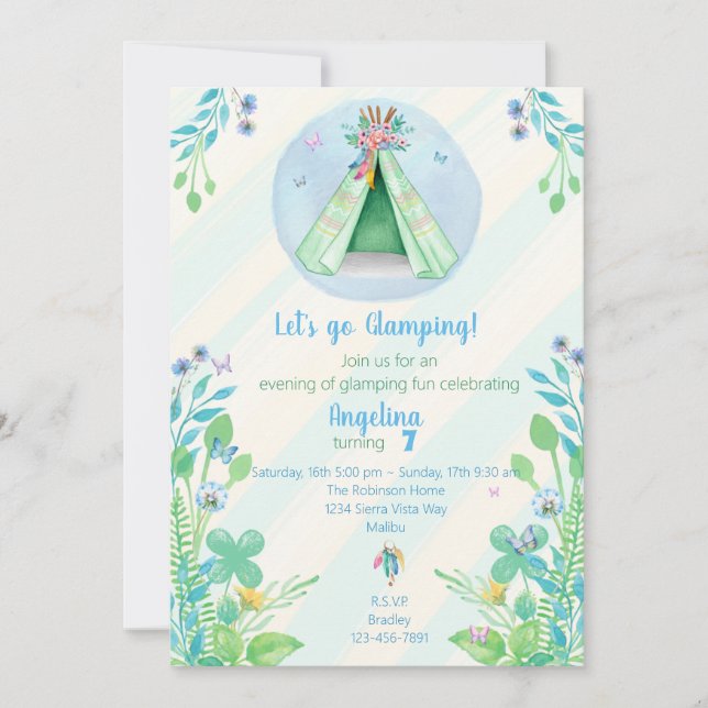 Glamping Camping Green Tent Sleepover Outdoors Invitation (Front)