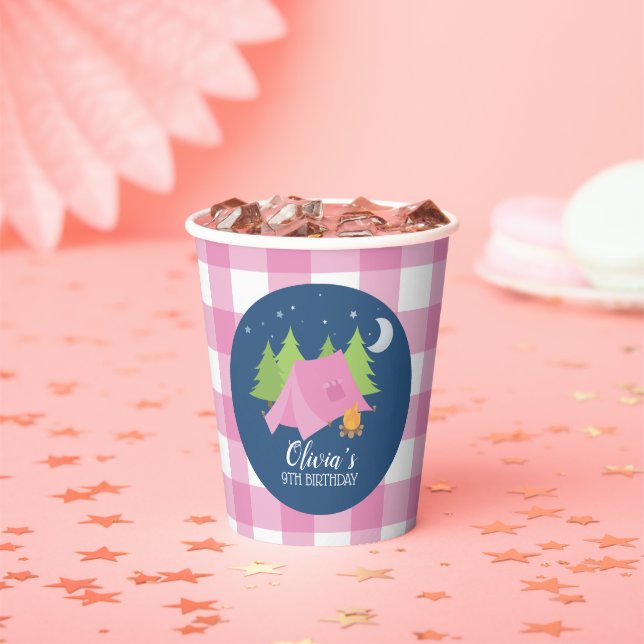 Glamping Girl Camping Birthday party pink plaid Pa Paper Cups (Insitu)