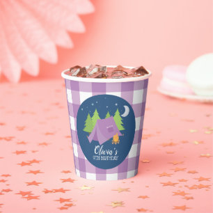 Glamping Girl Camping Birthday party purple plaid Paper Cups