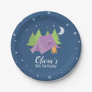 Glamping Girl Purple Tent Camping Birthday Paper Plate