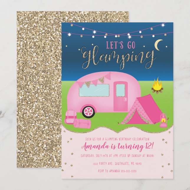 Glamping Girls Camping Birthday Invitation (Front/Back)