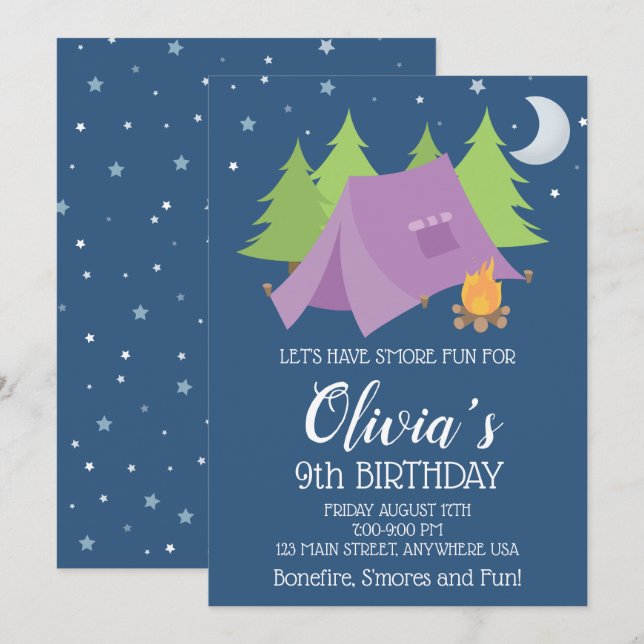 Glamping Girls Purple Camping Sleepover birthday Invitation (Front/Back)