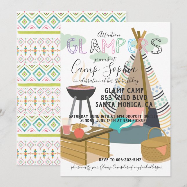 Glamping Themed Birthday Invitation (Front/Back)