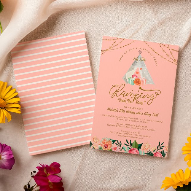 Glamping Under the Stars Tepee Pink & Gold Camping Invitation (Glamping Under the Stars Tepee Pink & Gold Camping Invitation)