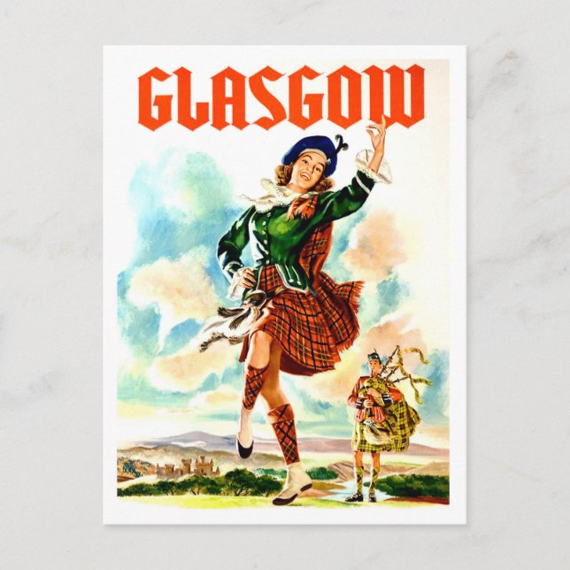 Glasgow, dancing girl in national costume, vintage postcard (Front)