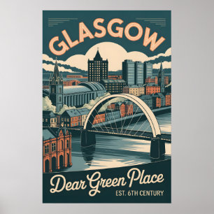 Glasgow Scotland Retro Style Cityscape Travel Poster