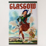 Glasgow Scottisn Girl Dancing with Bagpiper Jigsaw Puzzle<br><div class="desc">Great travel poster for Glasgow Scotland featuring a Scots lassie in a kilt dancing to a bagpiper.</div>