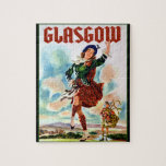 Glasgow Scottisn Girl Dancing with Bagpiper Jigsaw Puzzle<br><div class="desc">Great travel poster for Glasgow Scotland featuring a Scots lassie in a kilt dancing to a bagpiper.</div>