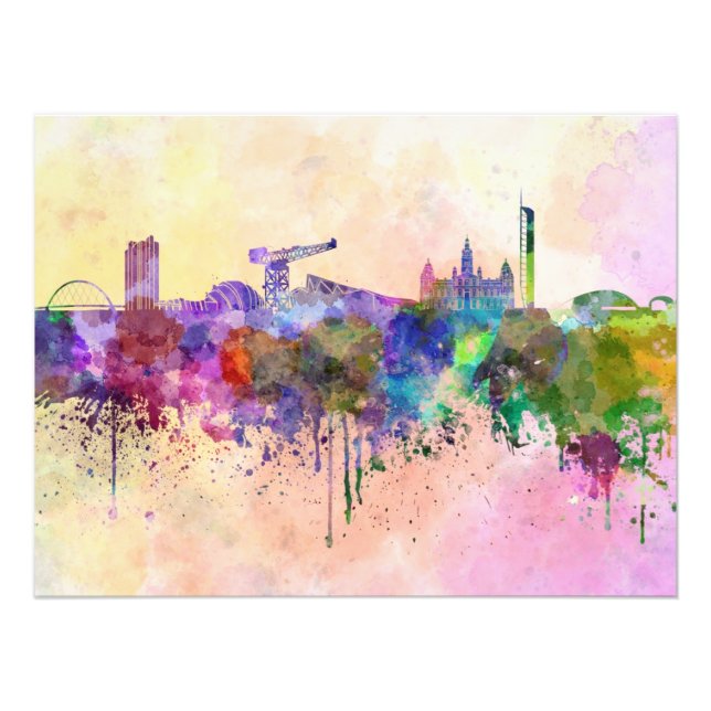 Glasgow skyline in watercolor background photo print (Front)