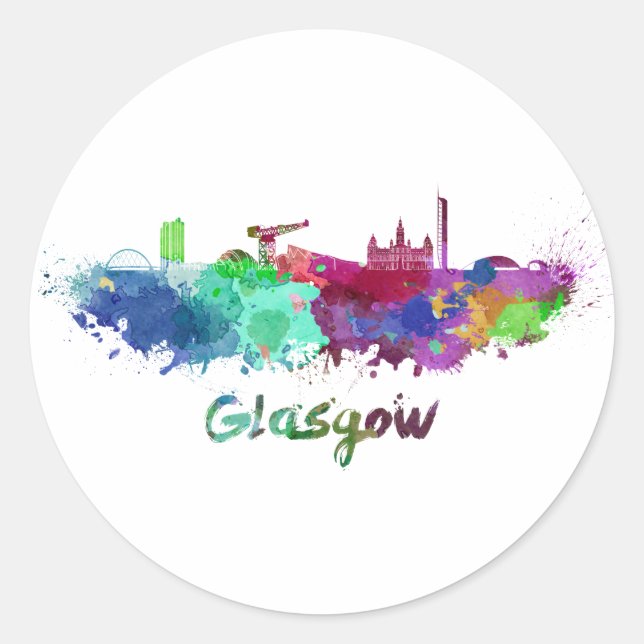 Glasgow skyline in watercolor classic round sticker (Front)