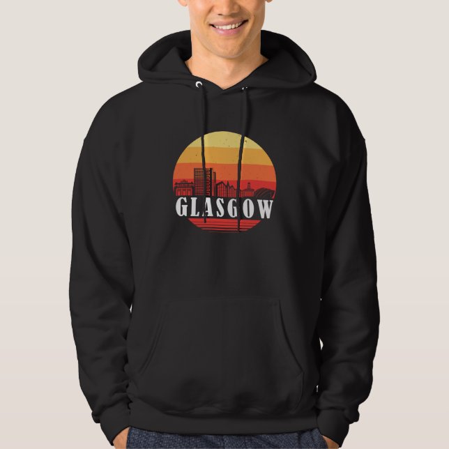 Glasgow Skyline Sunset in Retro Vintage Style Hoodie (Front)