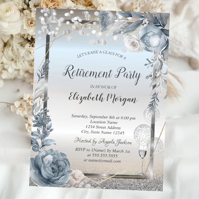 Glass Balloons Glitter Blue Flowers Retirement Invitation (Creator Uploaded)