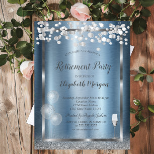 Glass Balloons Glitter Blue Metallic Retirement  Invitation