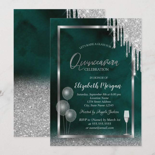 Glass,Balloons,Glitter Drips,Green Quinceañera Invitation (Front/Back)