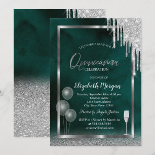 Glass,Balloons,Glitter Drips,Green Quinceañera Invitation