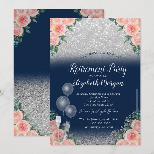 Glass Balloons Glitter Floral Navy Blue Retirement Invitation (Front/Back)