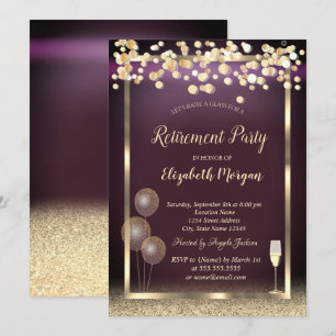 Glass Balloons Glitter Gold Burgundy Retirement  Invitation