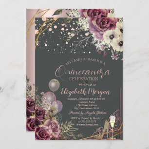 Glass Balloons Glitter Heels Flowers Quinceañera Invitation