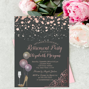Glass Balloons Glitter Heels Rose Gold  Retirement Invitation