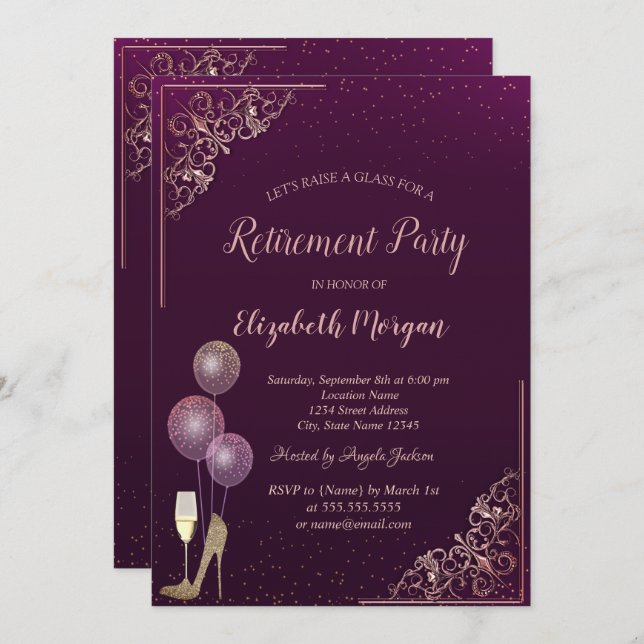 Glass Balloons Glitter Heels Violet Retirement Invitation (Front/Back)