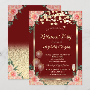 Glass Balloons Glitter Roses Burgundy Retirement  Invitation