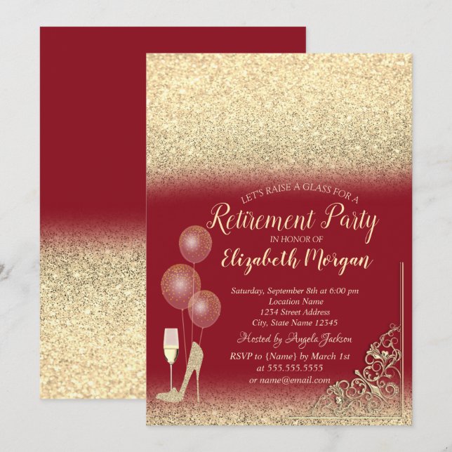 Glass Balloons Gold Glitter Red  Retirement Invitation (Front/Back)