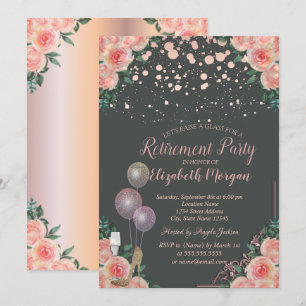 Glass Balloons Heels Floral Rose Gold  Retirement Invitation
