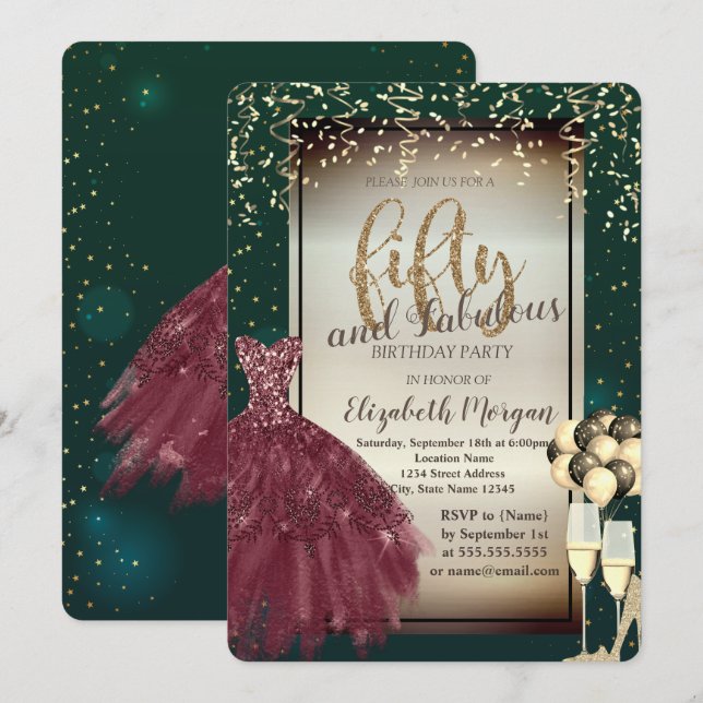  Glass,Balloons,Red Dress,Green 50th Birthday  Invitation (Front/Back)