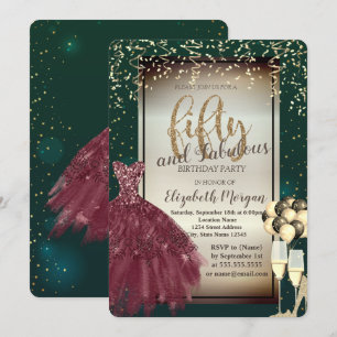 Glass,Balloons,Red Dress,Green 50th Birthday  Invitation