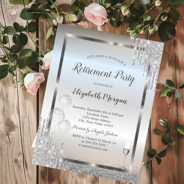 Glass Balloons Silver Glitter Drips Retirement  Invitation (Creator Uploaded)