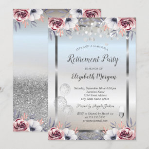 Glass Balloons Silver Glitter Roses Retirement  Invitation