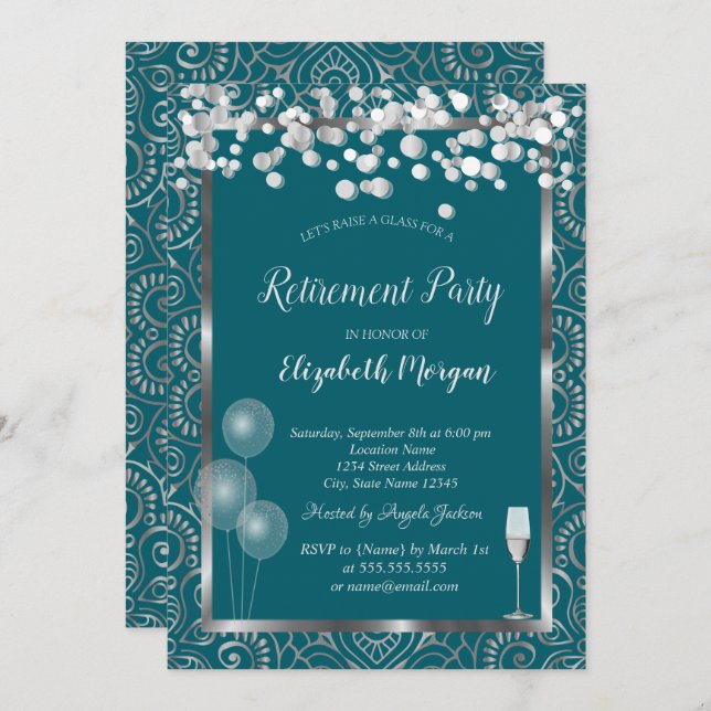 Glass Balloons Silver Mandala Green Retirement Invitation (Front/Back)