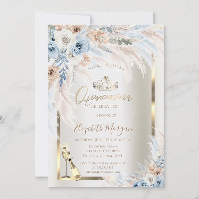 Glass Bottle Blue Roses Pampas Grass Quinceanera Invitation (Front)