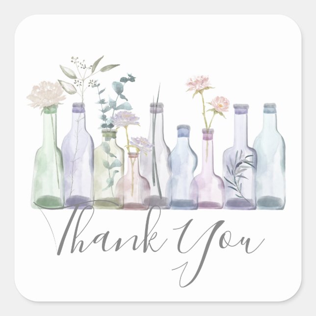 Glass Bottle Botanical Vases Thank You Square Sticker (Front)