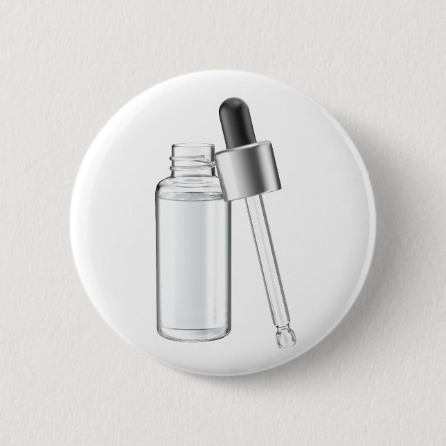 Glass bottle with clear liquid and pipette 6 cm round badge (Front)