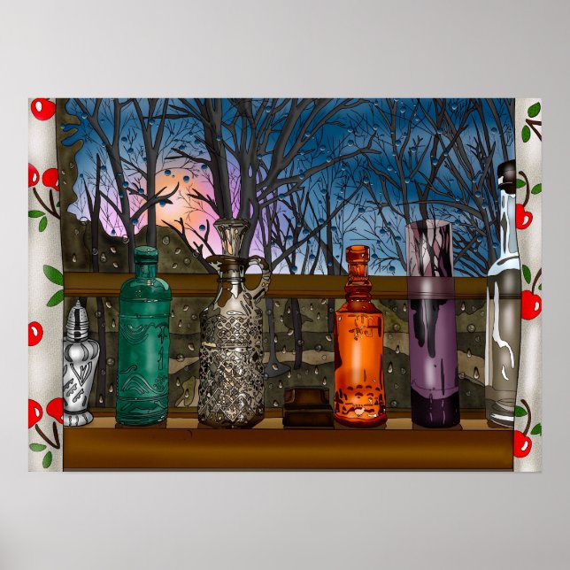 Glass Bottles in Window full of Raindrops Poster (Front)