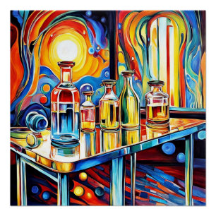 Glass bottles on reflective table poster