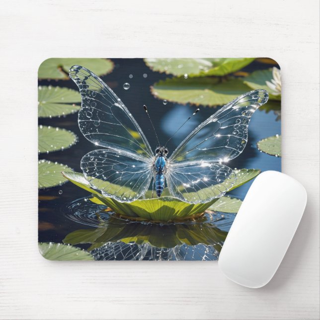Glass Butterfly On Lily Pad Leaf Mouse Mat (With Mouse)