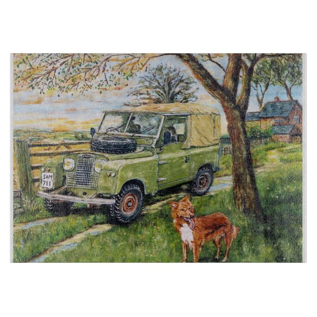 Glass Chopping Board With Land Rover Picture (Front)