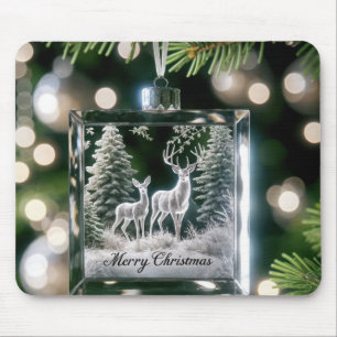 Glass Christmas Deer Ornament On Pine Tree Mouse Mat