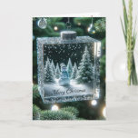 Glass Christmas Snowman Ornament Holiday Card<br><div class="desc">A festive snowman scene is captured inside a sparkling glass ornament from a Christmas tree surrounded by twinkling lights and Merry Christmas text</div>