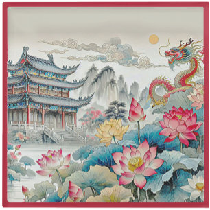 GLASS COASTER - A Dragon, Pagoda & Flower Garden