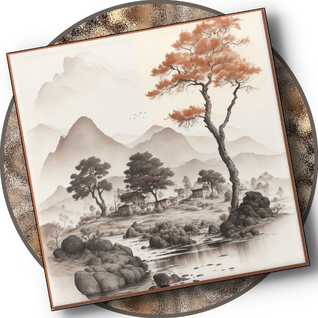 GLASS COASTER - A Village, Red Tree & Mountains (Creator Uploaded)