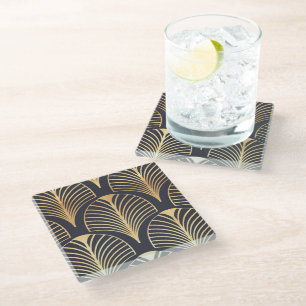 Glass Coaster - Art Deco Gold Black Fan Design