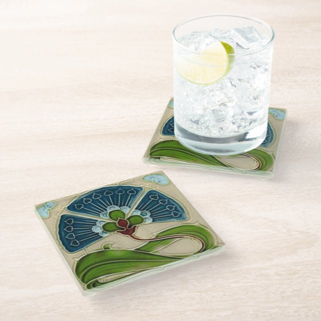 Glass Coaster - Art Nouveau Floral Design (Angled)