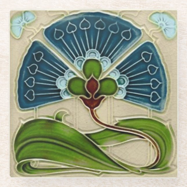 Glass Coaster - Art Nouveau Floral Design (Front)